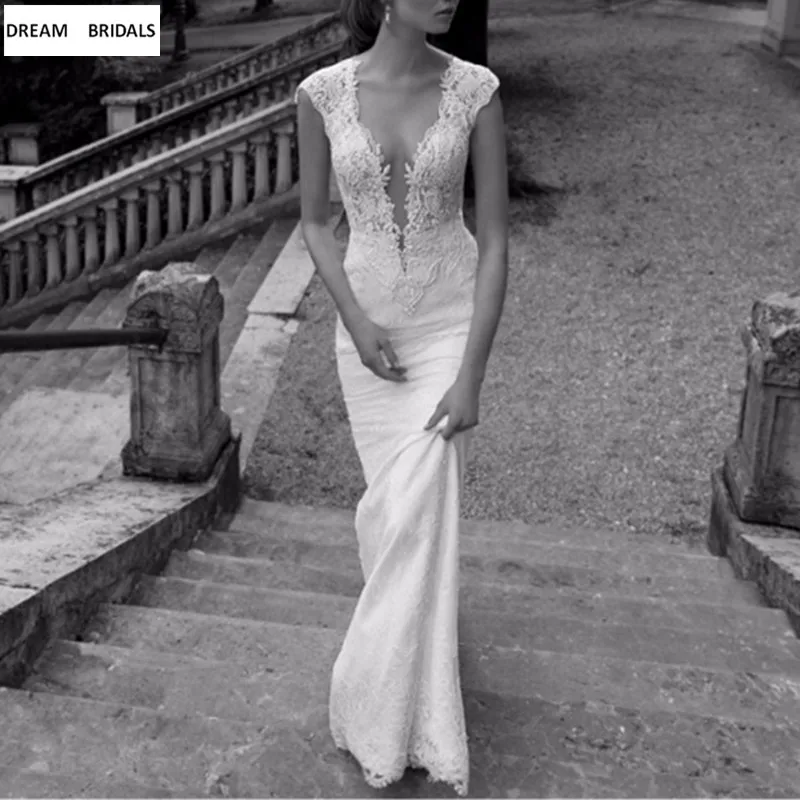 

Sexy Deep V Neckline Applique Pearls Lace Dress Mermaid Wedding Dresses 2019 Cap Sleeves Bridal Dresses Vestido De Noiva