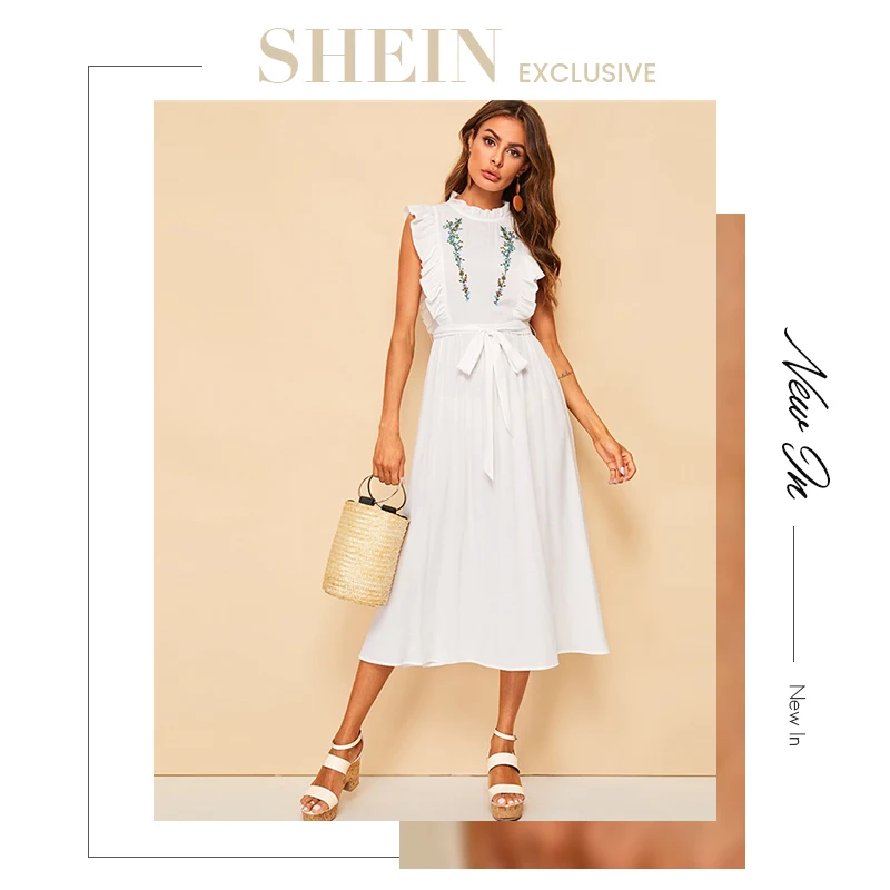 SHEIN модное платье с оборками, цветочной вышивкой, поясом, на молнии, стоячим воротником, без рукавов, Boho, ТРАПЕЦИЕВИДНОЕ летнее женское платье
