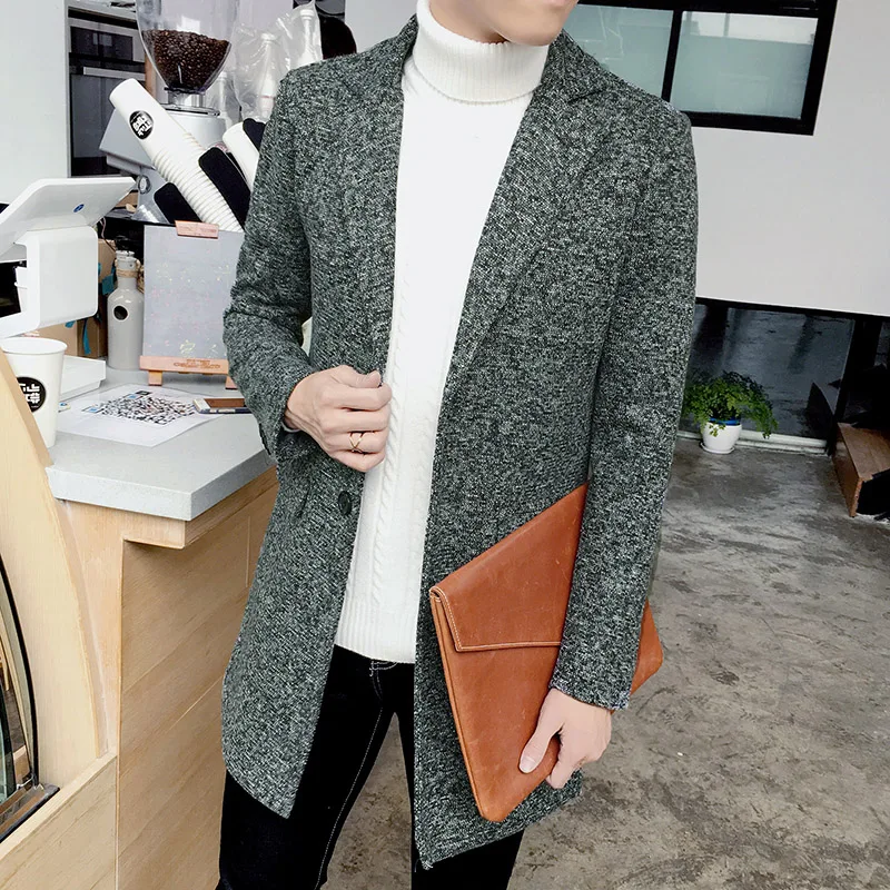 Мужское шерстяное пальто осенне зимнее теплое модное приталенное молодежное