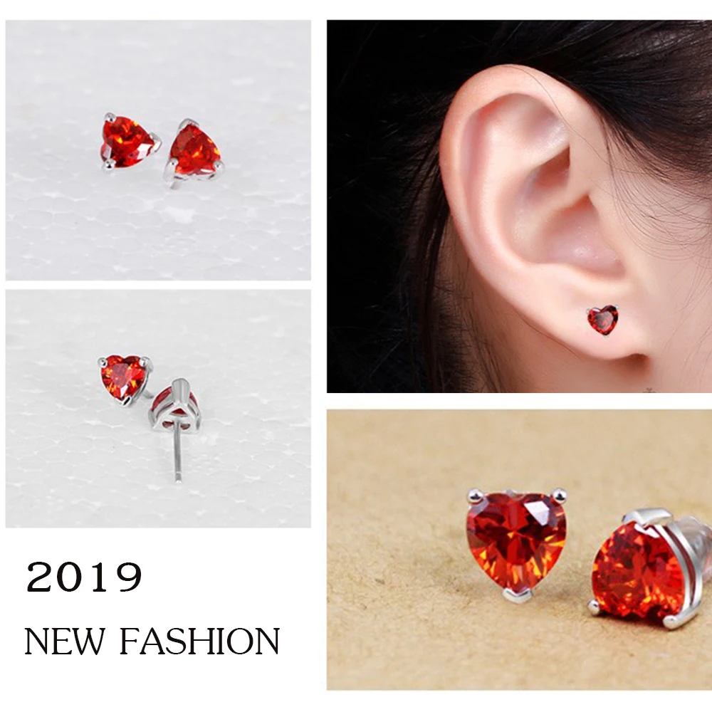 2019 925 sliver Earring Heart crystal stud earrings for Women Jewelry red | Украшения и аксессуары