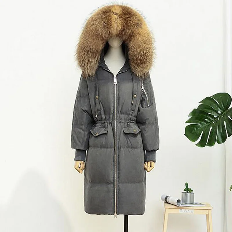 Женская зимняя куртка из натурального меха енота толстая свободная парка на