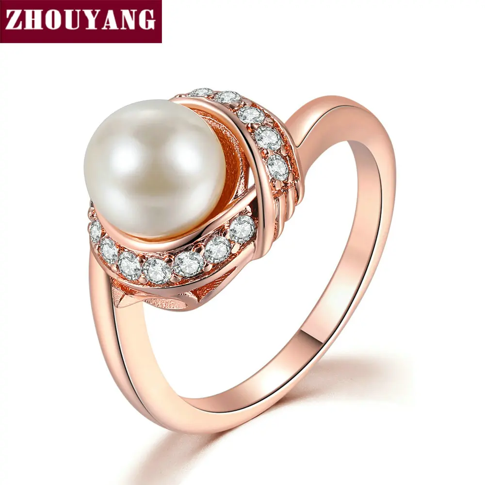 Rose Gold Color ZHOUYANG, обручальные кольца для женщин, простой искусственный жемчуг, кубический цирконий, серебряный цвет, обручение, подарок, модное ювелирное изделие R670 R676 - Цвет основного камня: Rose Gold Color
