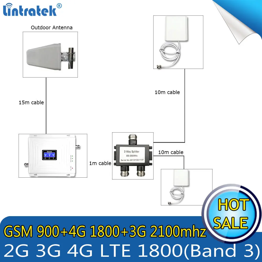 Трехдиапазонный ретранслятор Lintratek с 2 антеннами 2G 3G 4G 900 1800 2100 МГц|Усилители
