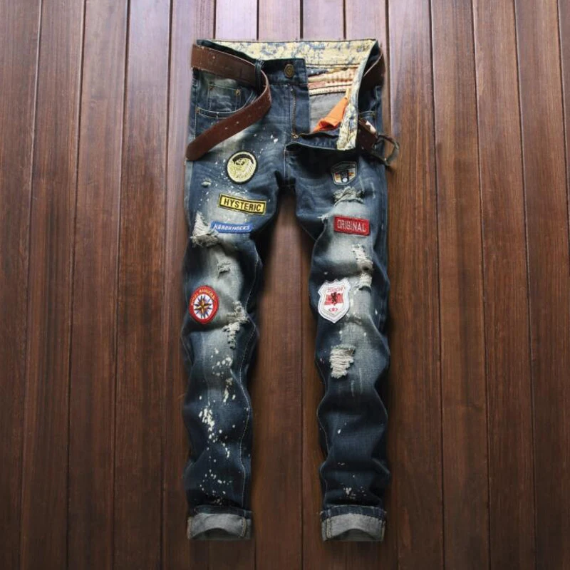 

2019 Jeans Men's Warm Male Jeans Men Ripped Denim Trousers Pants Fashion New Men's Casual Patch Jeans