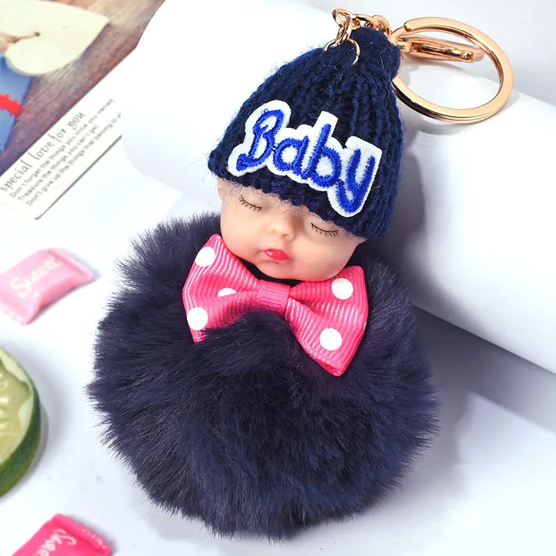 HYBZH Hot Sell Cute Sleeping Baby Doll Key Chain Faux Rabbit Fur Keychain Fluffy Pom Keyring Bag Car Trinket Women Gift | Украшения и