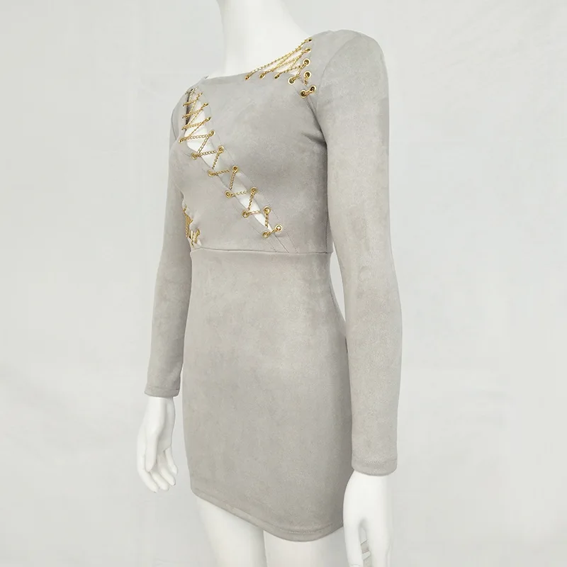 Сексуальный повязку Bodycon Замшевое платье Платья.Осень-зима Для женщин 2018 цепи