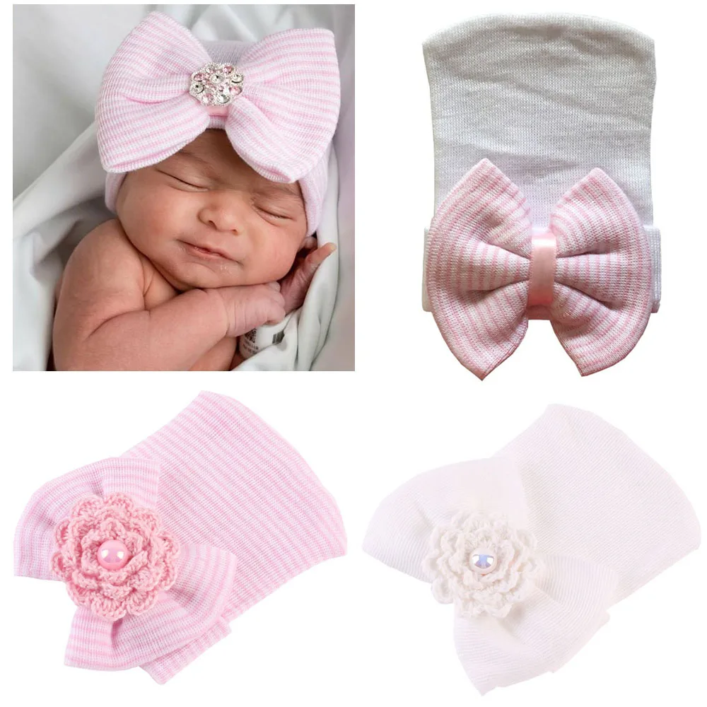 Newborn Hospital Hat Infant Baby Cap with Big Bow Soft Cute Knot Nursery Cotton Knitted Beanie 1pc | Детская одежда и обувь