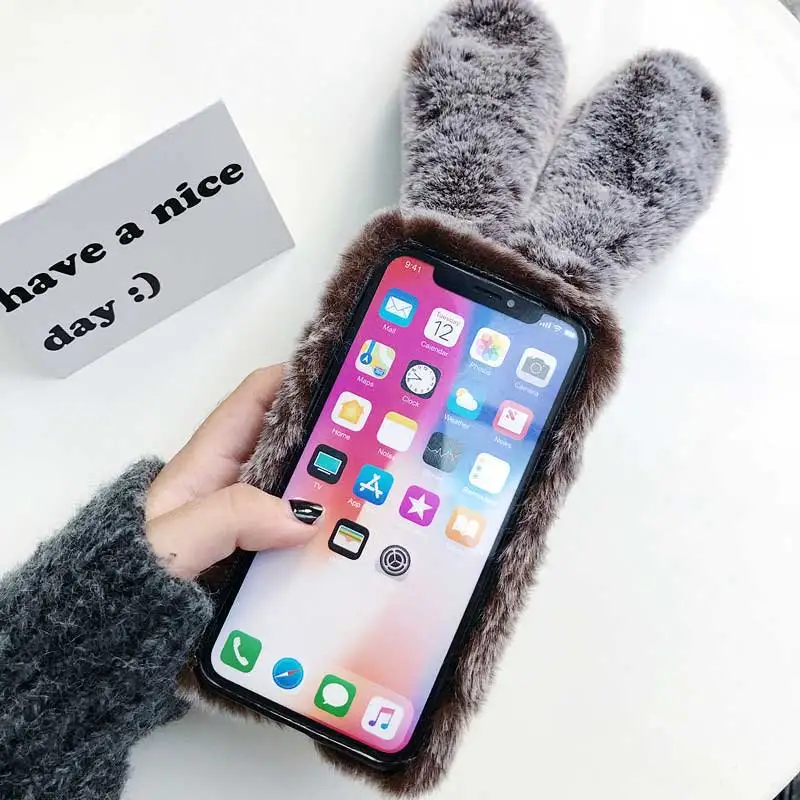 Чехол для iPhone 5 5S SE XS 11 Pro MAX XR X милый плюшевый чехол с кроличьим мехом украшенный