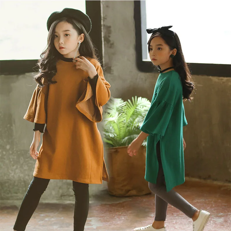 teenage girls long sleeve dresses with pockets autumn spring 2018 brown green sweatshirts hoodies dress baby girl clothes | Детская