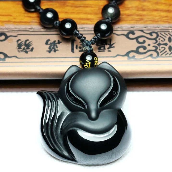 

Бесплатная доставка, высокое качество, натуральная Обсидиановая лиса, подвеска с цветком персика, маленькая тройка, удача, невезение