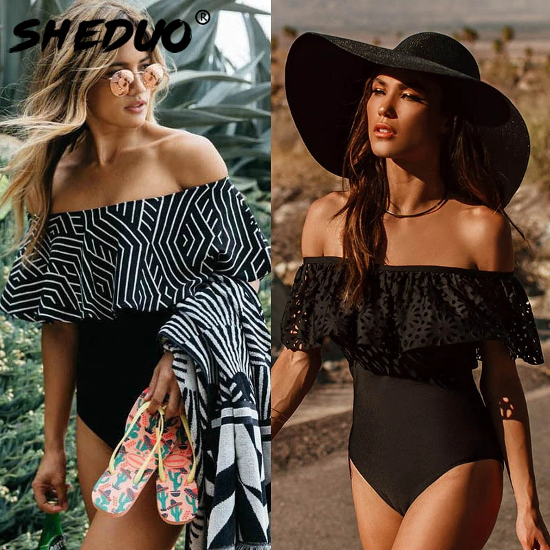 2019 Sexy Swimwear Off The Shoulder Solid Women One Piece Swimsuit Female Bathing Suit Ruffle Monokini Swim Wear Plus Size 5xl | Спорт и