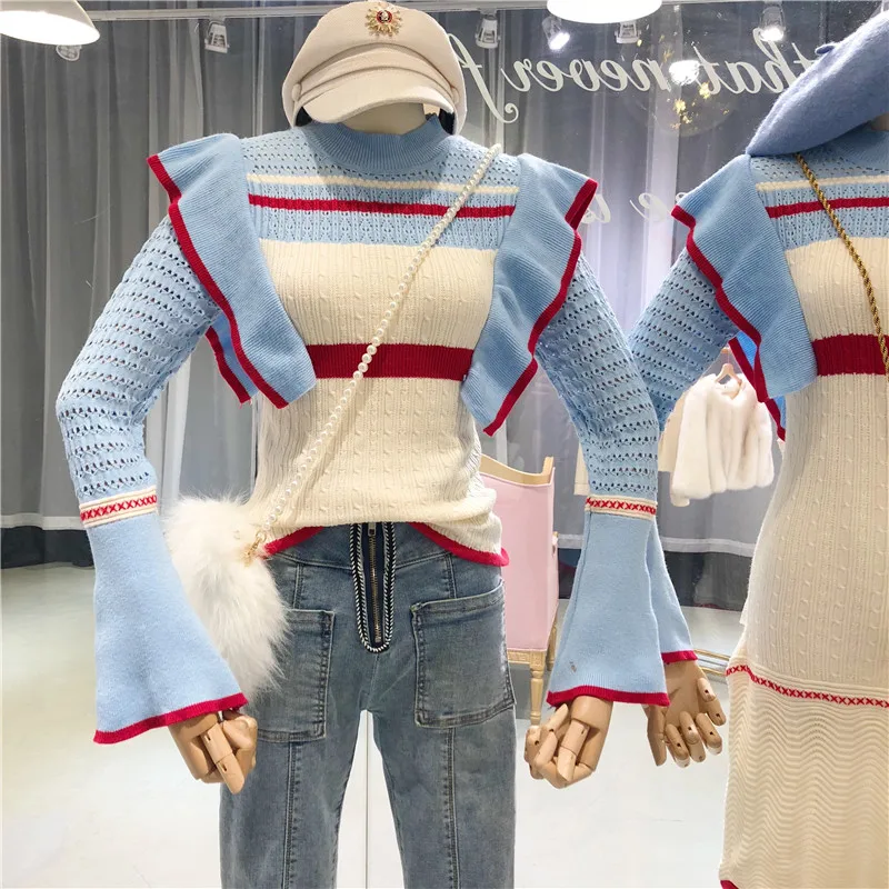 2018 Womens Jumpers Ruffled Striped Slim Female Sweater with Flare-sleeve Ladies Sweet Fashion Knitted for Christmas | Женская одежда