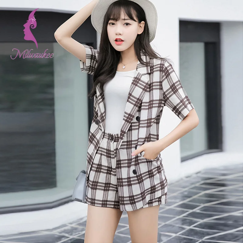 Milwaukee Summer Casual Women Sets Short Sleeve Turn Down Collar Plaid Geometric Top And Pockets Shorts Suits 2 Piece Clothes | Женская