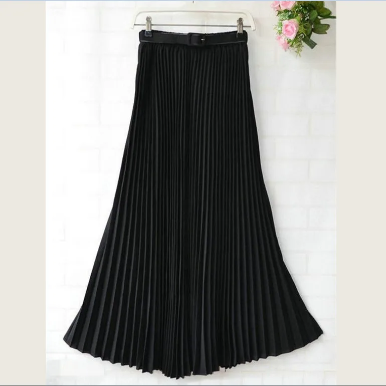 Womens Skirt Belt High Waist Solid Color Retro Maxi Chiffon Pleated Elegant Long Skirt Summer Skirt Womens New 13 Styles