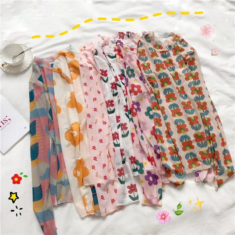 Женская Сетчатая футболка с цветочным принтом повседневные укороченные топы