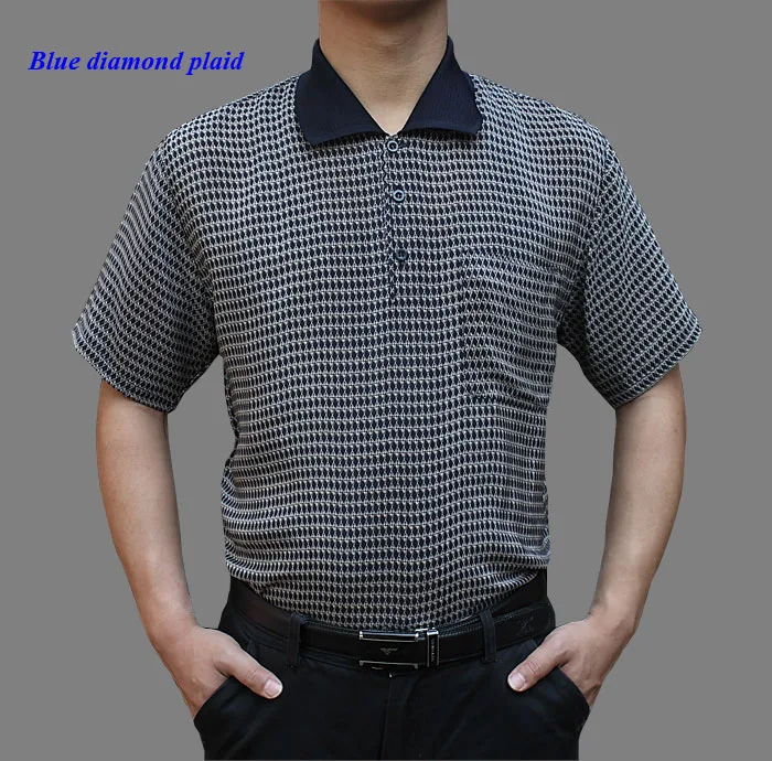 Blue diamond plaid Натуральный шелк мужская футболка, чистый шелк крепдешин с коротким рукавом Футболка мужская, шелк Мужская футболка, шелковые мужские топы - Цвет: Blue diamond plaid