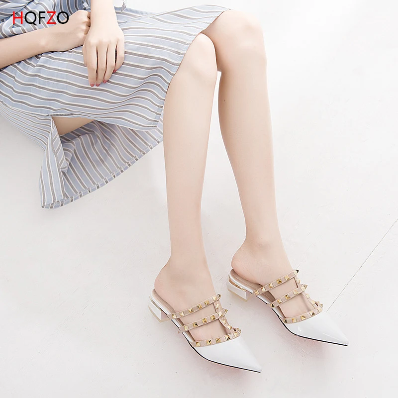 HQFZO Rivet Patent Leather Sandals Pointed toe Slippers Closed Toe Slingback Slip On Comfortable Women Summer Shoes Flats Mujer | Обувь