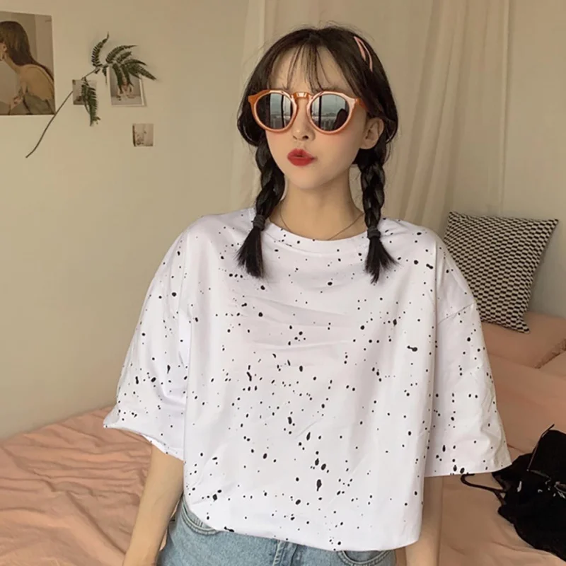 Летние Элегантные корейские Женские однотонные Асимметричные футболки с