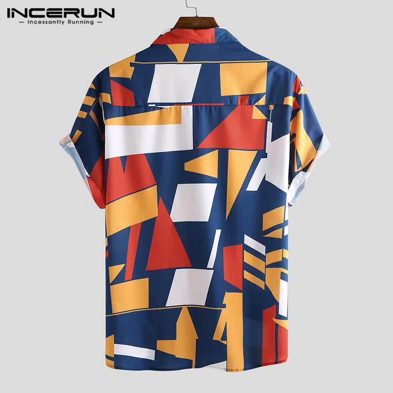 INCERUN Summer Men Beach Shirt Geometric Print Short Sleeve Lapel Neck Button Leisure Hawaiian Shirts Men 2022 Streetwear S-5XL
