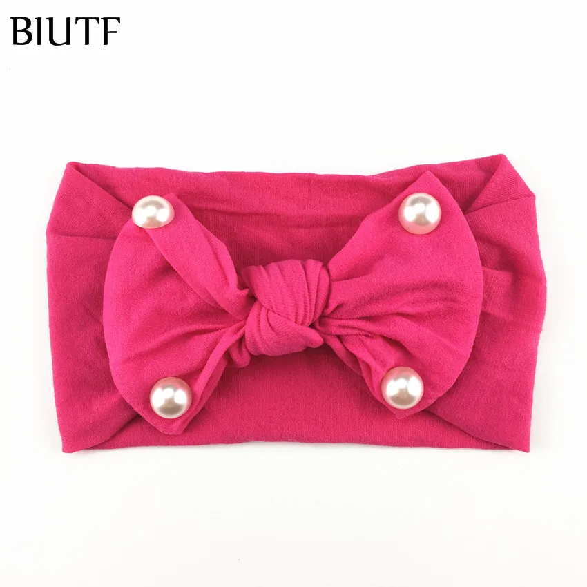 20pcs/lot Handmade Soft Nylon Elastic Headband Bow Knotted Solid Color Hairband with Pearl Princess Headwear HB085 | Аксессуары для