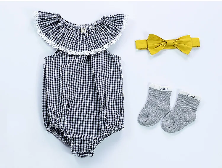 Мода девочка Комбинезон летний стиль хлопок кружева Рукав плед Ползунки Baby Girl