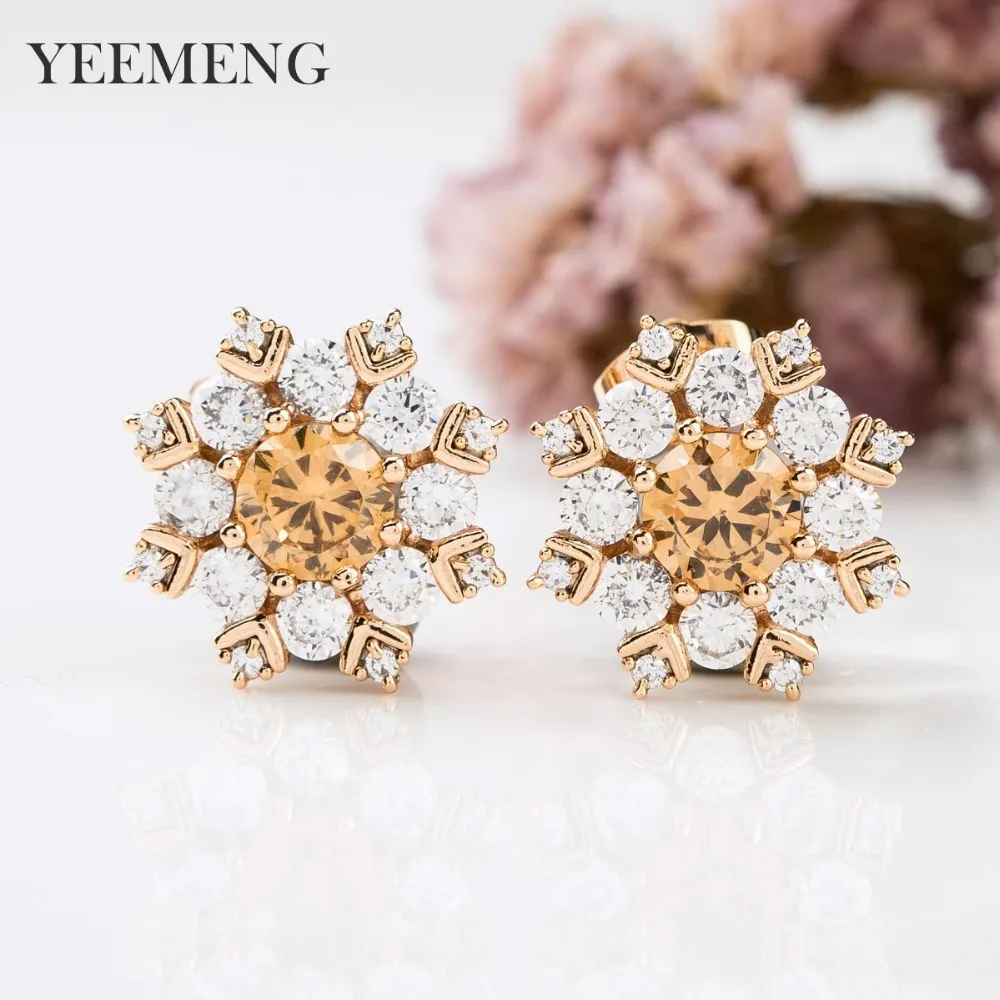 Женские серьги снежинки YEEMENG корейские из розового золота 585 пробы с натуральным