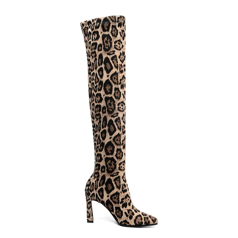 Модные леопардовые сапоги до колена женские из искусственной замши на высоком