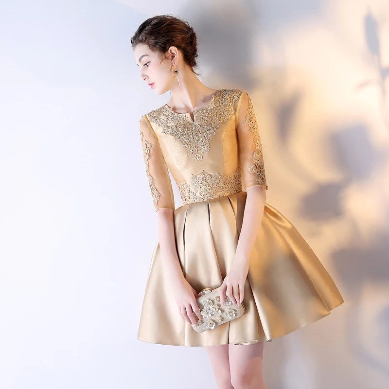 Женское коктейльное платье элегантное кружевное с полурукавами и золотой