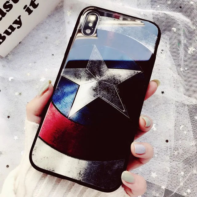 Captain America Роскошный чехол из закаленного стекла для телефона с рисунком Супермена, Капитана Америки, комиксов Marvel для iPhone 11 Pro Max XS MAX XR 8 7 6 6s Plus - Цвет: Captain America