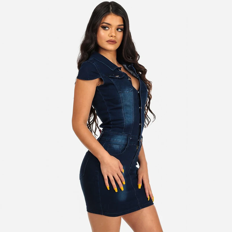 YSSAYSSX Sexy Slim Denim Half sleeve Dress Leisure Solid Color Zipper Pocket Selling Hip Trend Nightclub | Женская одежда