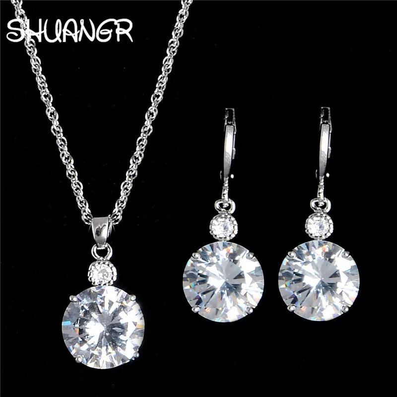 SHUANGR New Arrival Round Clear Crystal Set Gold Color Pendants Necklaces /Earrings Stud 2pcs Jewelry Set/Arete H327 | Украшения и