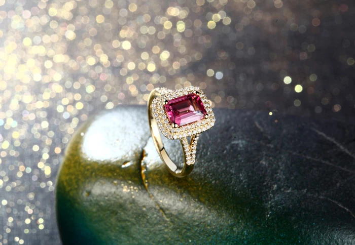 CaiMao 2.01ct кольцо для помолвки с натуральным розовым турмалином и 0.36ct алмазным 18k