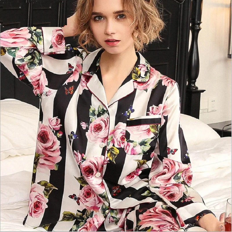 Women Summer Pajamas Set 2019 Floral print sexy night suit nightwear pijamas sexy sleepwear silk stain long sleeve pant homewear