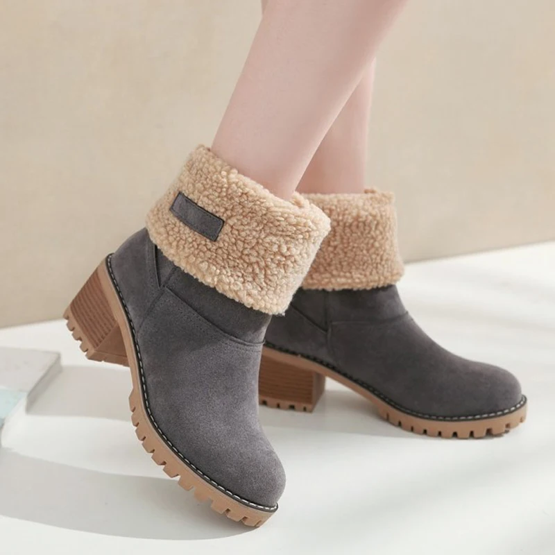 Women ankle boots 2020 Winter Shoes Woman Snow Boots with fur Square Heels flock platform big size 35-43 | Обувь