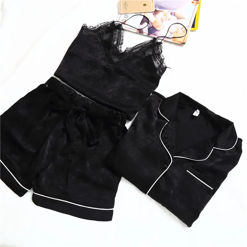 N Летняя женская шелковая пижама с принтом снега и лотоса удобный комплект из 3