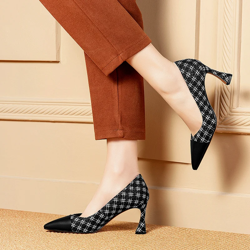 

WETKISS Checked Cloth Women Pumps Pointed Toe Footwear Shallow Female Spliced Shoes Party High Heels Shoes Woman 2019 Spring New