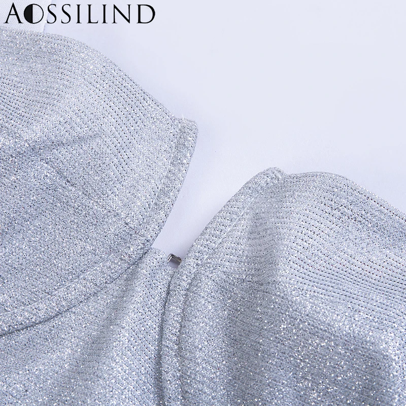 AOSSILIND, серебряные, блестящие, на бретельках, сексуальные, открытая спина, кроп-топы, весна-лето, женская мода, на молнии сзади, для вечеринок, Клубные топики