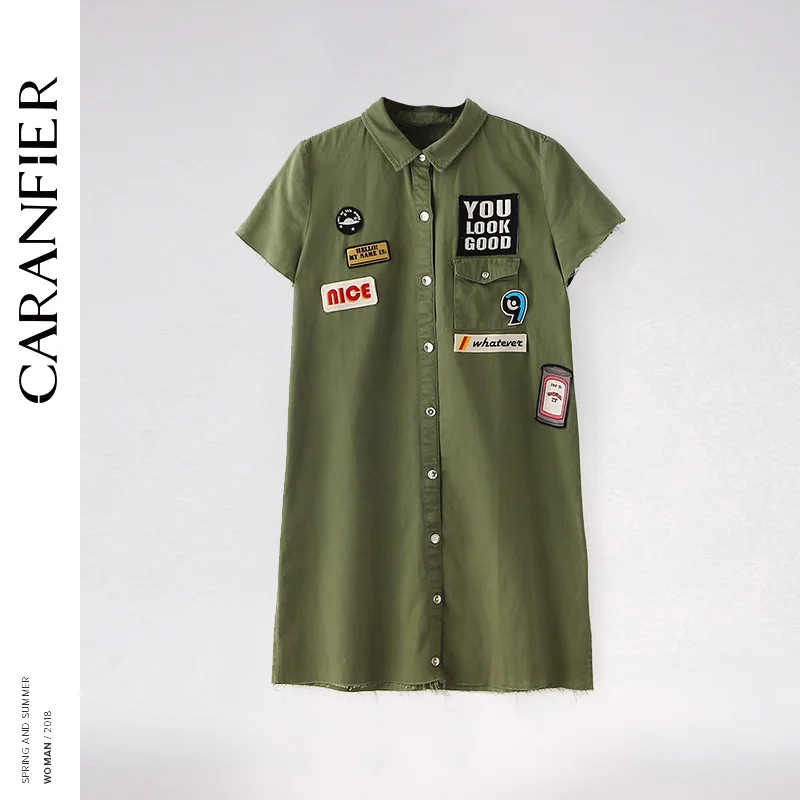 CARANFIER женские Мини Drees летние с отложным воротником патч военный армейский