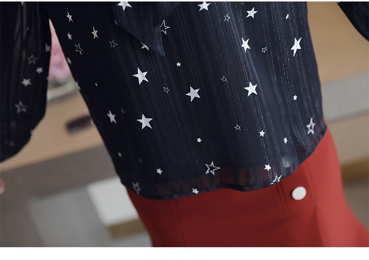 Мода 2019 летние женские шифоновые блузки со звездами с длинными рукавами черные