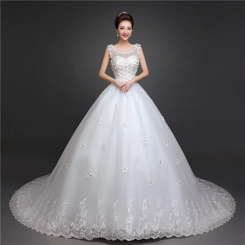 

Vestidos De Novia 3D Floral Appliques Lace Dress for Wedding With Long Train Fashion Scoop Princess Bridal Dress robe de mariage