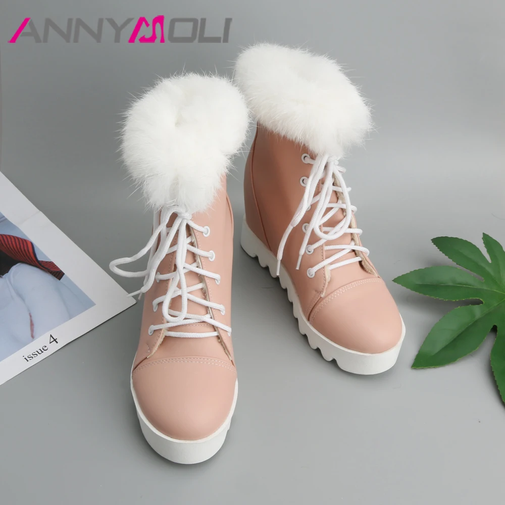Зимние ботильоны ANNYMOLI плюшевые женские ботинки на платформе танкетке сапоги из