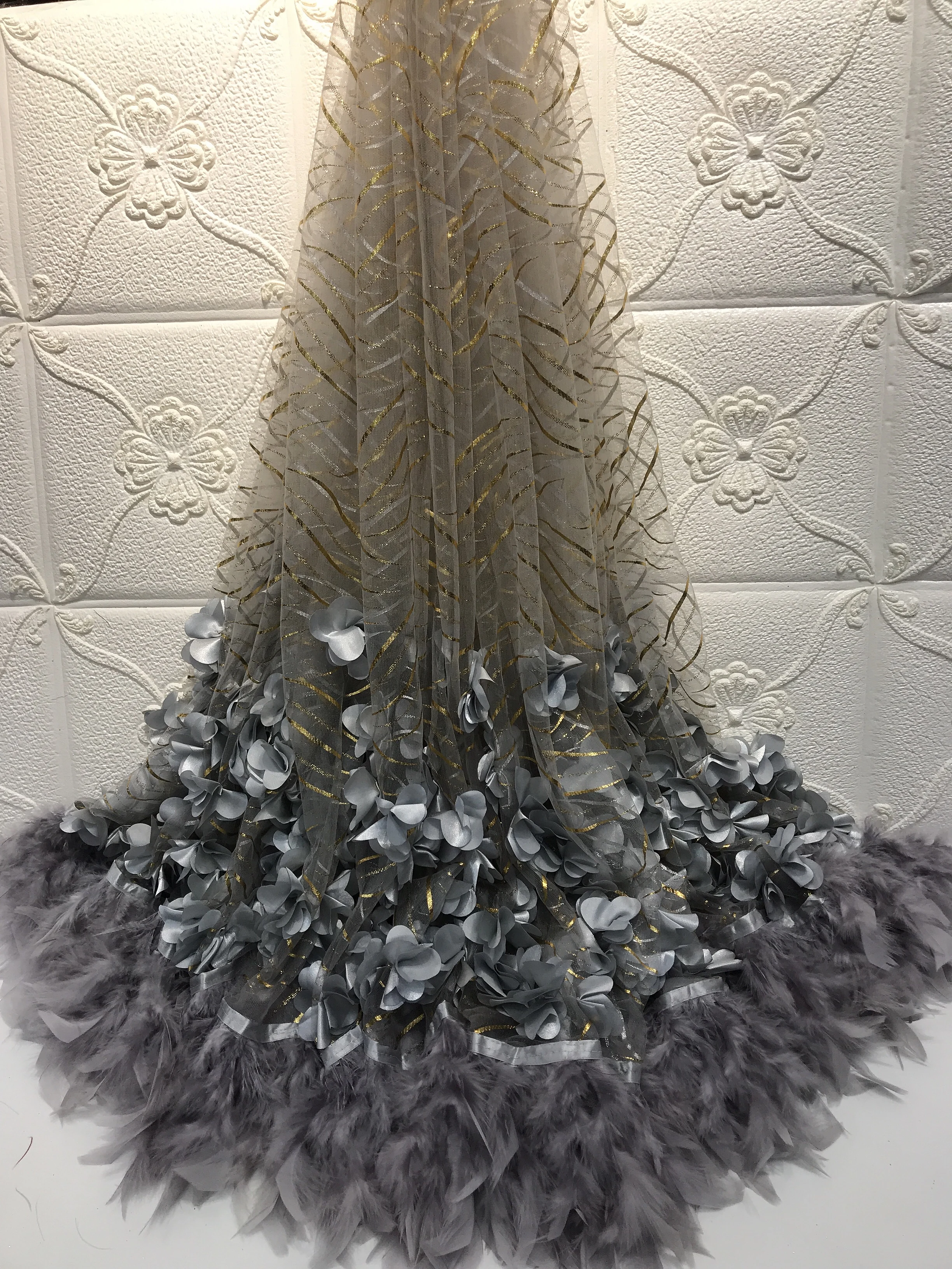 5 ярдов Высококачественная вышитая сетка с перьями тюль кружево золотые