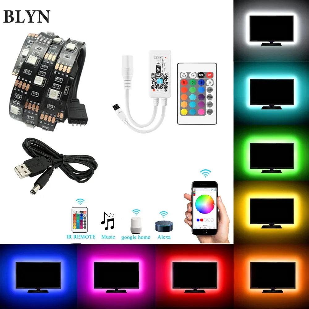 

5V USB LED Strip 5050 RGB TV Background Lighting Tape 1M 2M 5M TV Light WIFI Remote Controller Sync With Sound Alexa Google Home