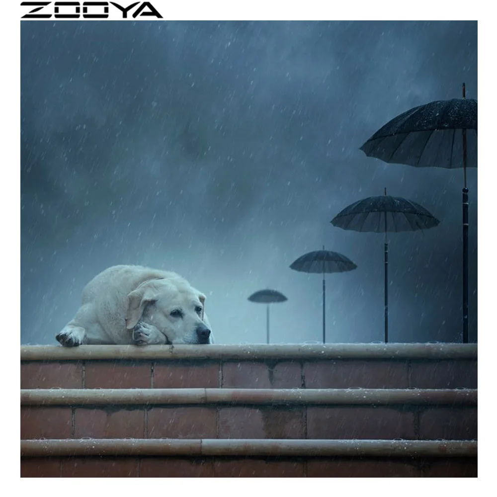 Round Diamond Painting Cross-Stitch Kits Wall Sticker Embroidery Gifts Dog Umbrella Rain Pictures Of Rhinestones R1758 | Дом и сад