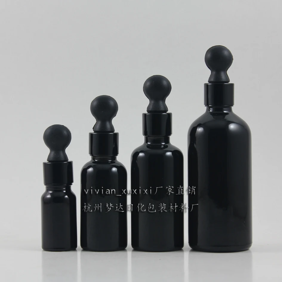 wholesale 50pcs 30ml shiny black dropper glass bottle with black dropper cap,glass black 30ml Essential oil dropper container