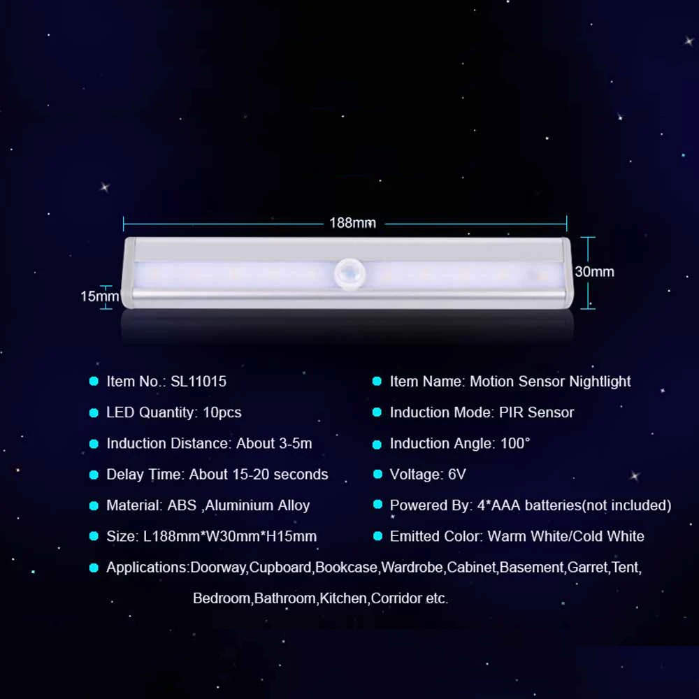 Высокое качество датчик движения 10 светодиодов ночник с питанием от батарей