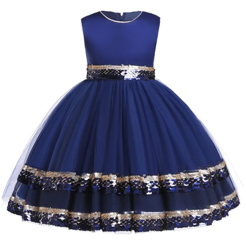 dark blue Детские Платья с цветочным узором для девочек; кружевное платье-пачка со стразами; элегантное праздничное платье принцессы на свадьбу и Рождество; Одежда для девочек - Цвет: dark blue