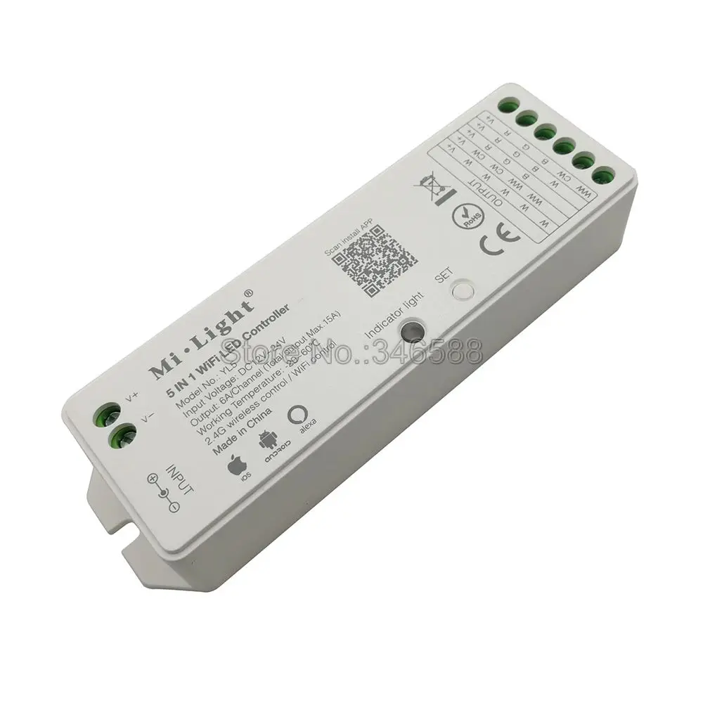 Milight YL5 2,4G 15A 5 в 1 WiFi светодиодный контроллер для одного цвета, CCT, RGB, RGBW, RGB+ CCT Светодиодная лента, поддержка Amazon Alexa Voice