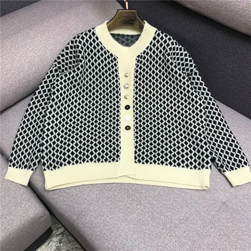 Luxury Designer Brand Knitted Sweater for Women O Neck Vintage Diamond lattice Loose Cardigans 30% Wool |