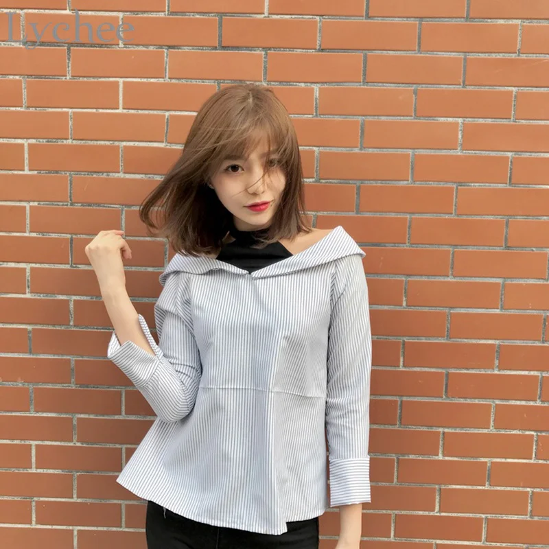 Lychee Spring Autumn Women Blouse Stripe Fake Two Pieces Halter Off Shoulder Casual Loose Long Sleeve Shirt | Женская одежда